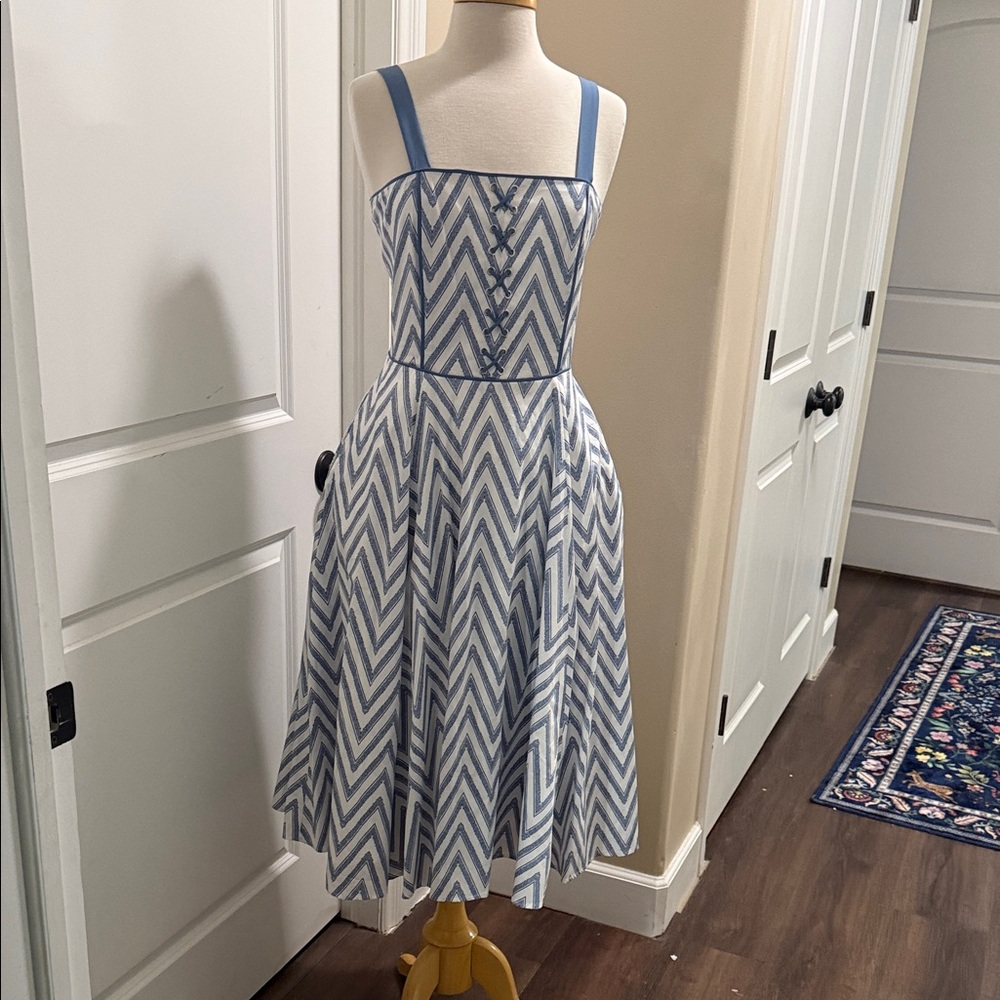 NWT White House Black Market Blue Chevron Midi Dress with Straps